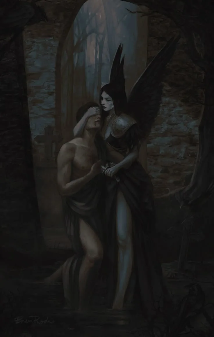 A dark fantasy painting depicts a pale, winged female figure in black robes holding a sword to the throat of a shirtless…