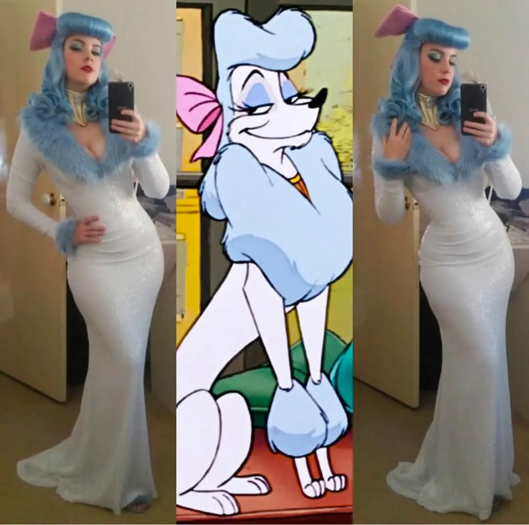 A triptych image shows a woman in a white sparkly gown with blue wig and pink bunny ears taking mirror selfies, flanked by a…