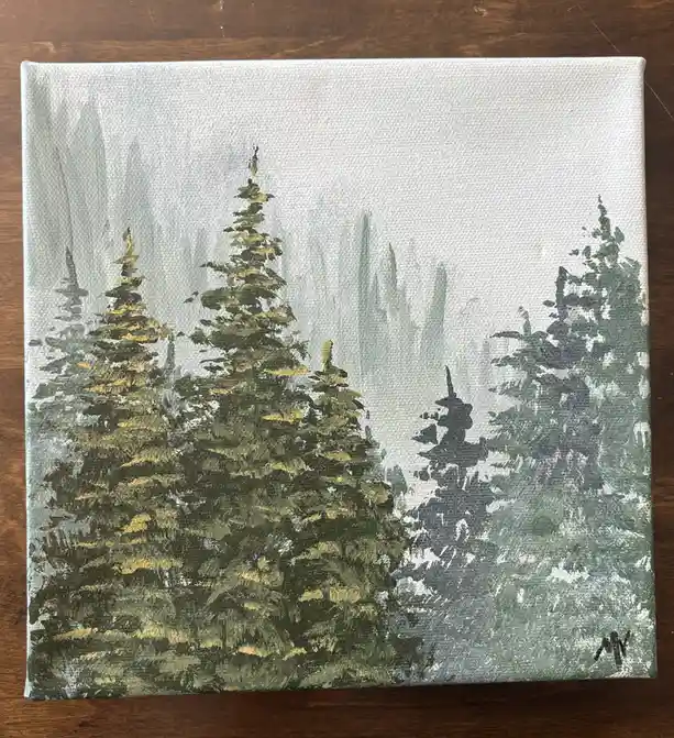 A square canvas painting depicts a forest scene with several pine trees in the foreground, rendered in green, yellow, and…