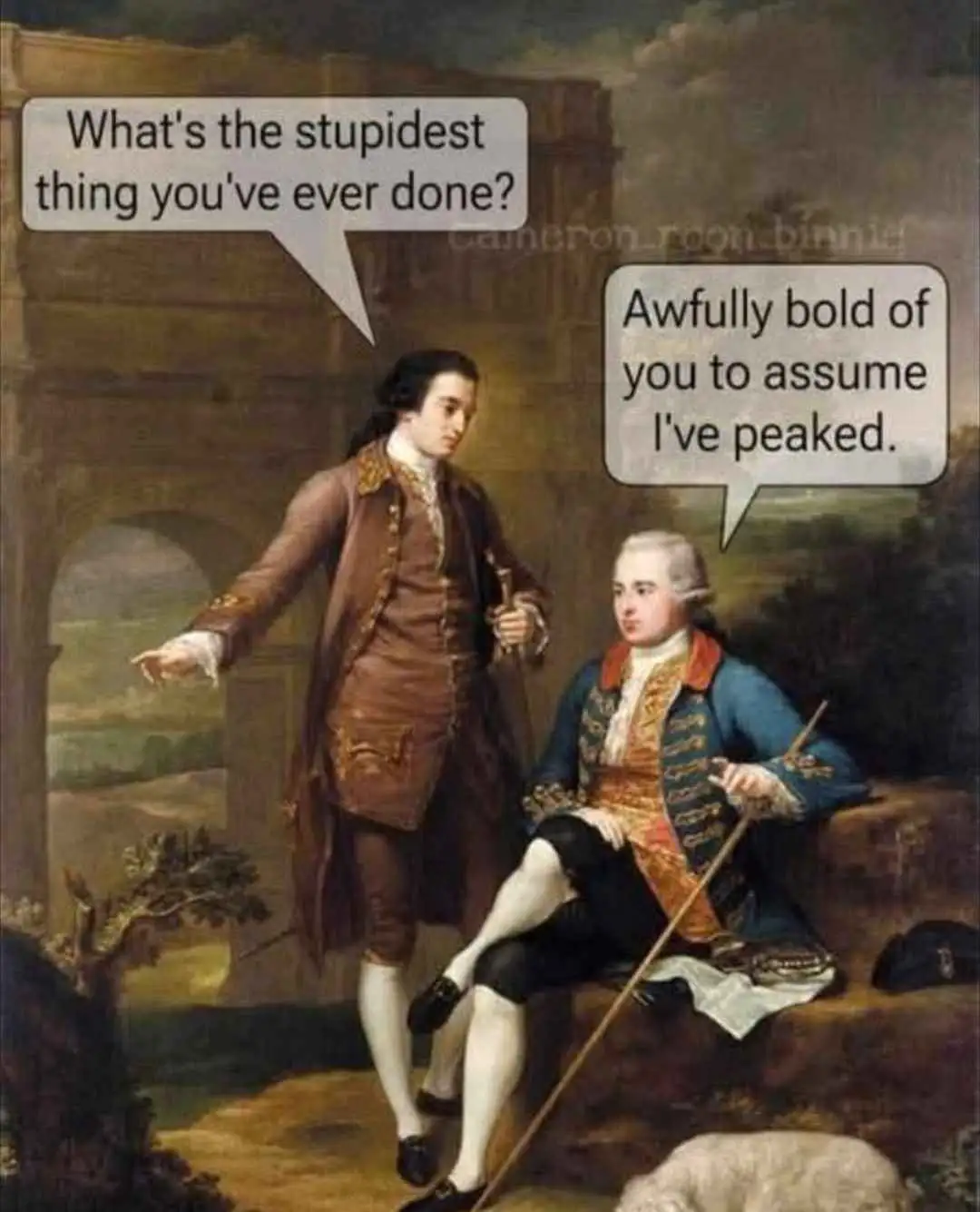 A classical painting depicts two men in 18th-century aristocratic attire; one stands gesturing while the other sits holding…