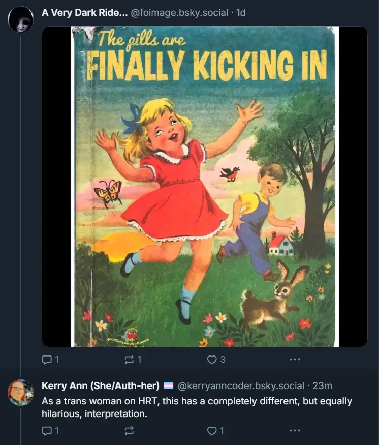 An image of a vintage children's book cover showing a joyful blonde girl in a red dress jumping with arms raised, while a…