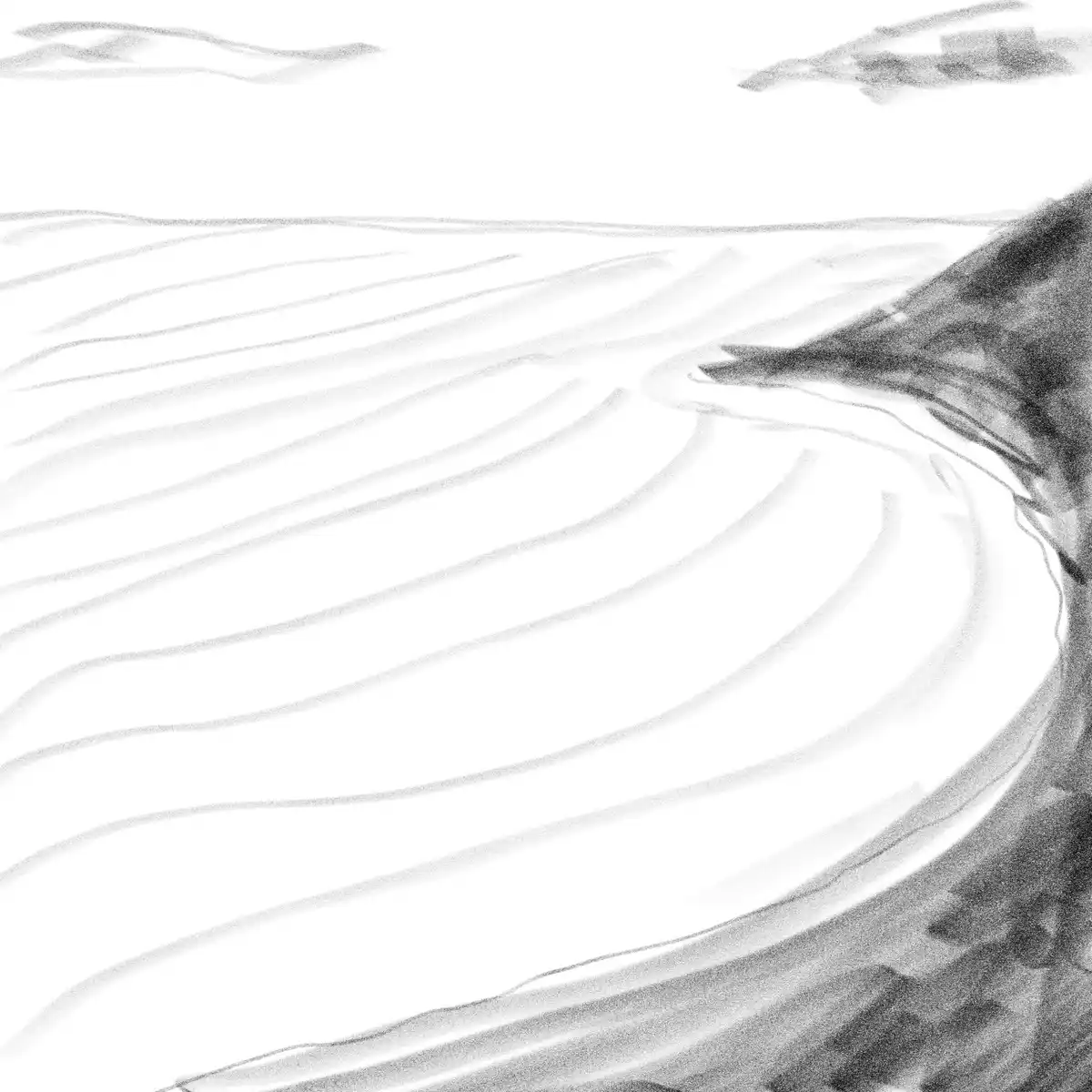 A black-and-white sketch depicts a stylized, abstract landscape with curved lines suggesting a valley or canyon, dark…