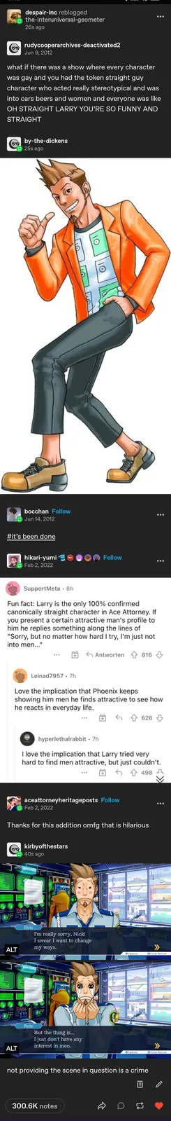 The image features a full-body illustration of Larry Butz from the Ace Attorney video game series, striking a confident pose…
