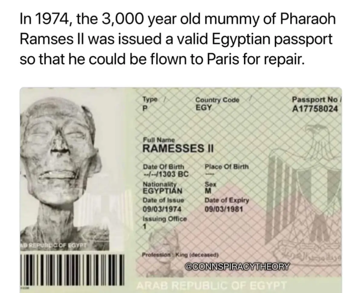 The image displays a mock passport from the Arab Republic of Egypt, featuring a mummified head of Ramses II as the photo…