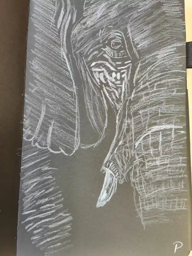 A chalk drawing on dark paper depicts a menacing, hooded figure with one visible eye, holding a blade, standing before a…