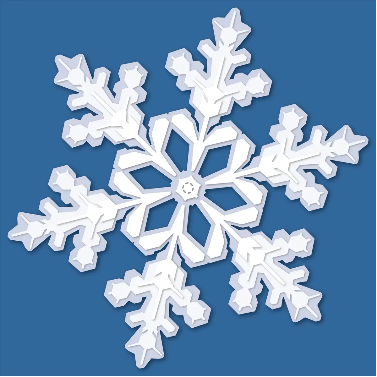 A stylized, white, six-pointed snowflake with layered, cut-out details is centered against a solid blue background. The…