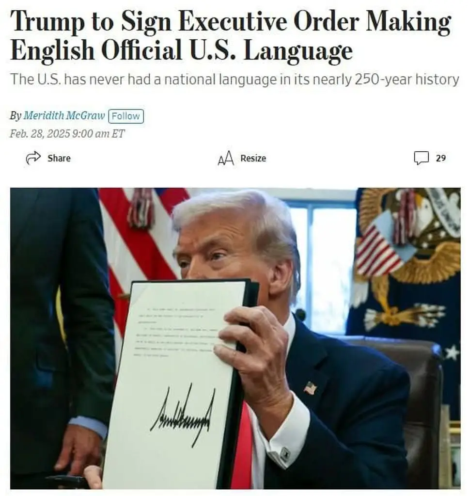 A screenshot of a fake news article from Feb 28, 2025, with the headline 'Trump to Sign Executive Order Making English…