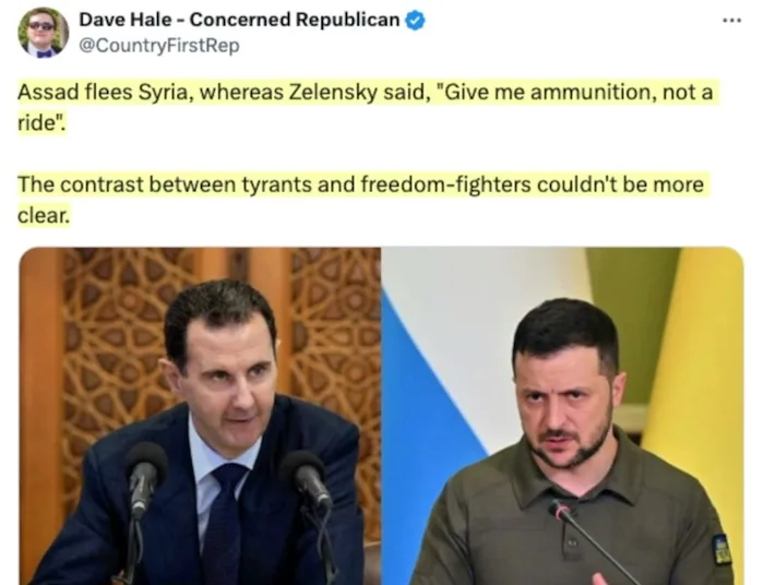 The image shows two side-by-side photos: on the left, Syrian President Bashar al-Assad speaking at a podium with…