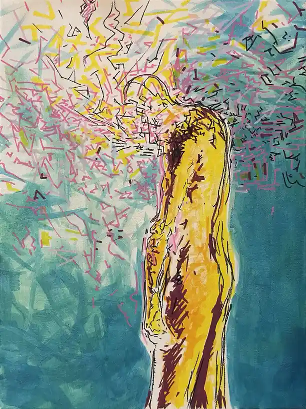 A colorful abstract painting depicts a stylized human figure viewed from behind, rendered in yellow and maroon with black…