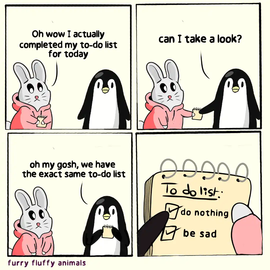 A four-panel comic featuring a rabbit and a penguin. The rabbit proudly shows off a completed to-do list, which the penguin…