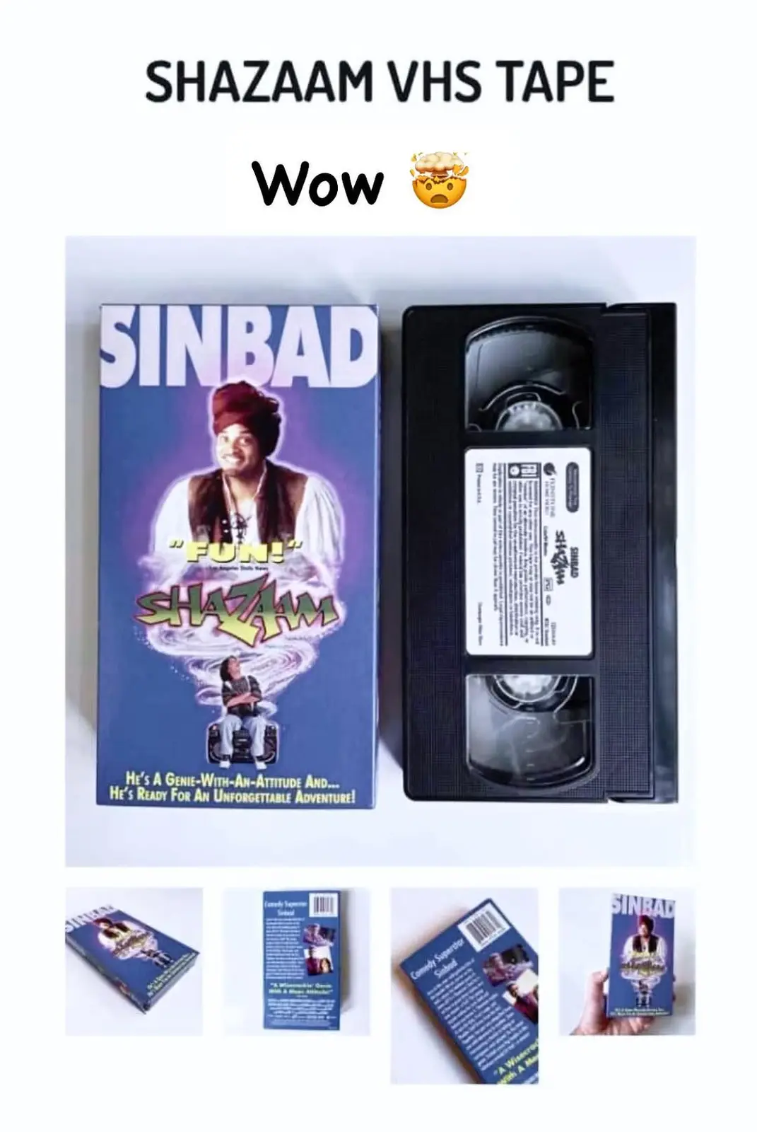 An image displays a VHS tape and its case for the movie 'Sinbad: Shazam!', which features Sinbad as a genie. The case art…