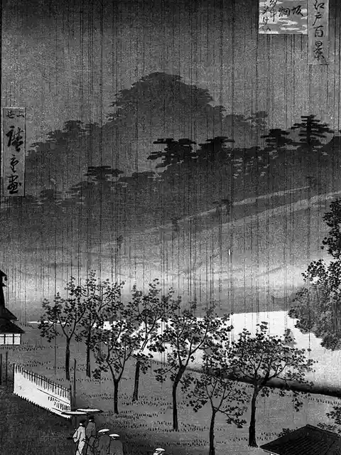 A traditional Japanese ukiyo-e woodblock print depicting a rainy scene with vertical rain streaks, trees, and figures under…