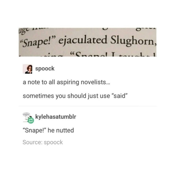 An image shows a screenshot of a Tumblr post where user 'spoock' advises aspiring novelists to sometimes use 'said' instead…