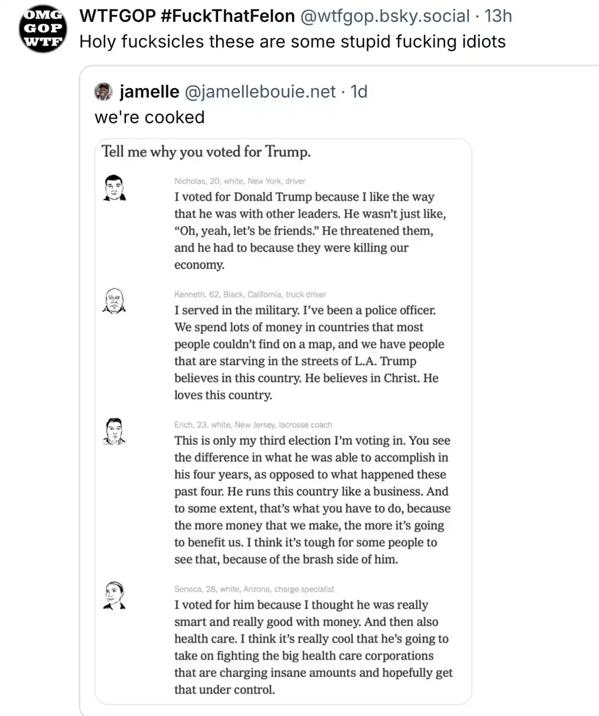 A screenshot of a social media post showing a thread where user 'jamelle' responds to a poll asking 'Tell me why you voted…
