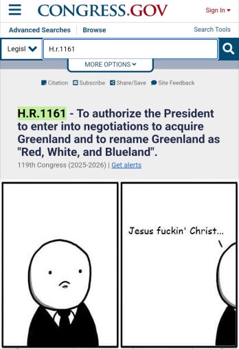 A screenshot of the congress.gov website showing bill H.R.1161, which proposes authorizing the president to acquire…