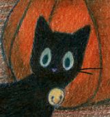 A hand-drawn illustration of a black cat with large, round, light blue eyes and a small yellow bell collar, positioned in…