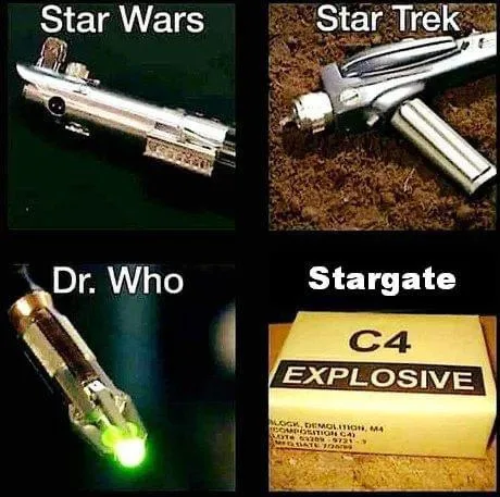 A four-panel image compares sci-fi franchises to real-world items: Star Wars lightsaber (metallic blade), Star Trek phaser…