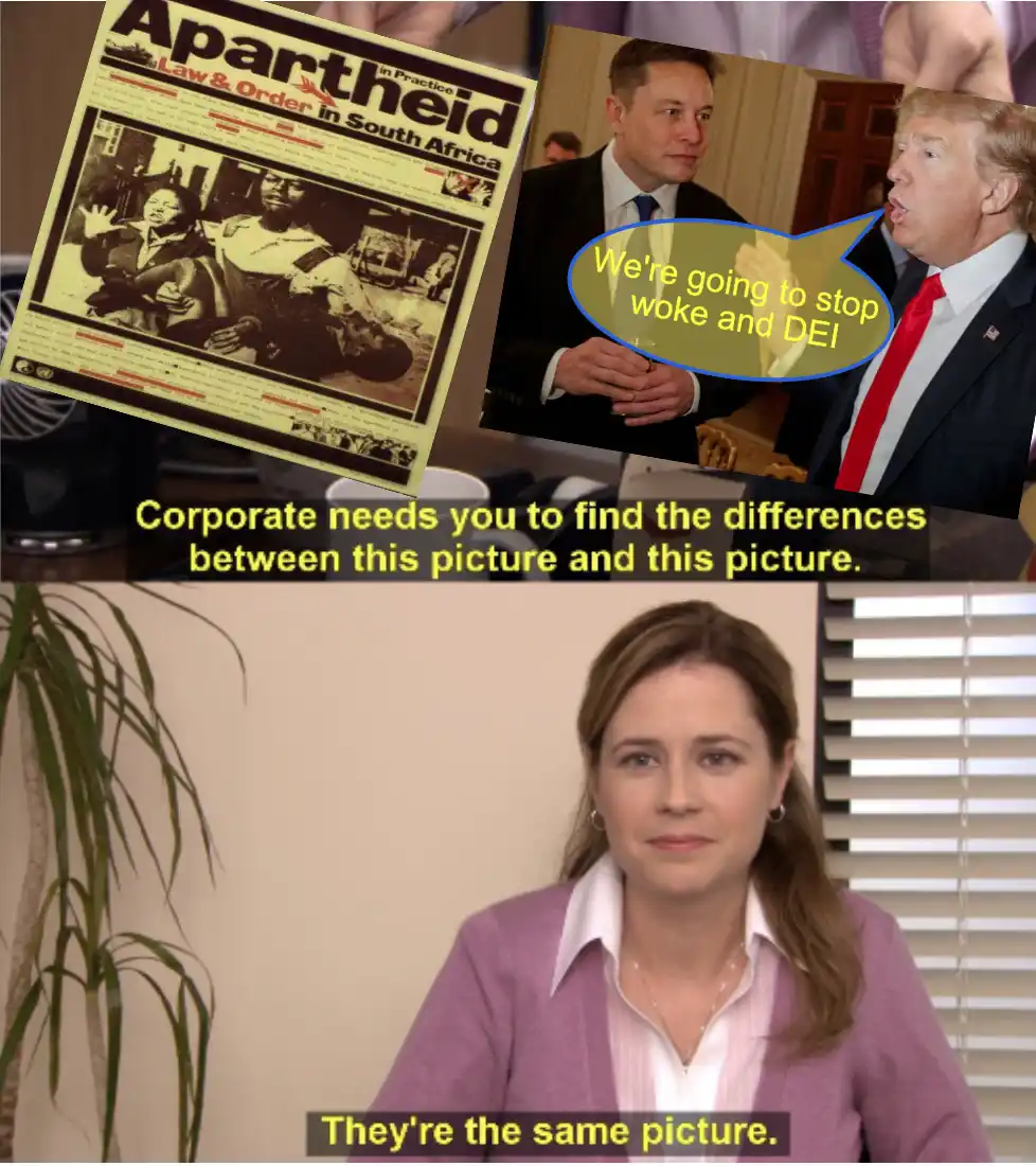 The image displays a split-screen meme. The top half shows a newspaper headline reading 'Apartheid in Practice: Law & Order…