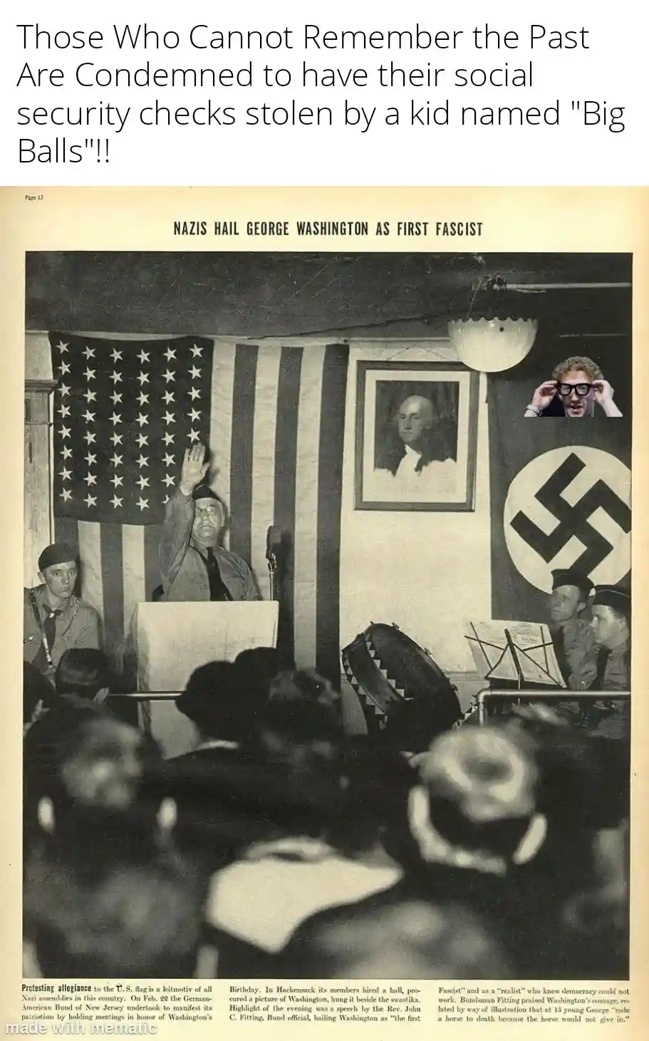 A black-and-white historical photo shows a Nazi rally with an American flag and swastika banners, featuring a speaker at a…