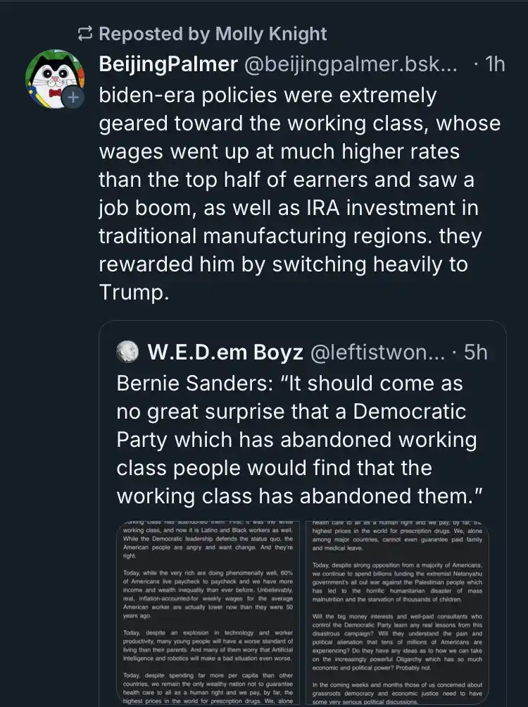 A screenshot of a Twitter thread where a user reposts a claim that Biden-era policies helped the working class, which then…