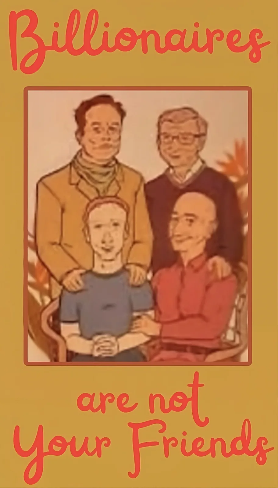 The image shows a vintage-style illustration of four men posing together in a family portrait style. The text overlaid in…