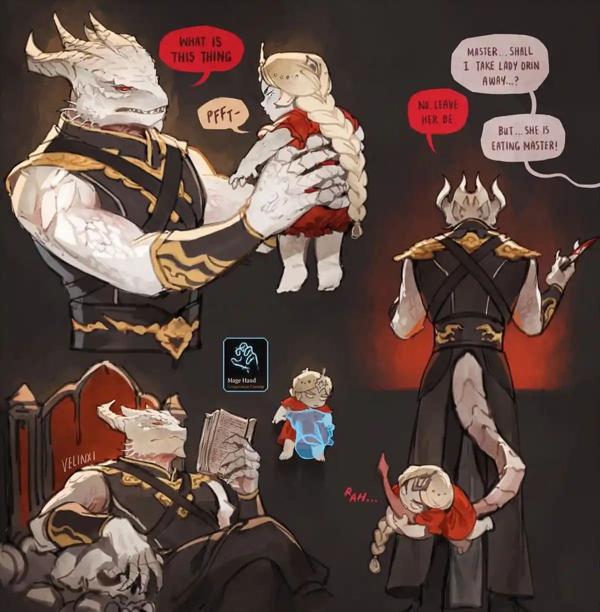 A fantasy illustration shows a white dragon-like character holding a small child in a red outfit, who is visibly eating the…