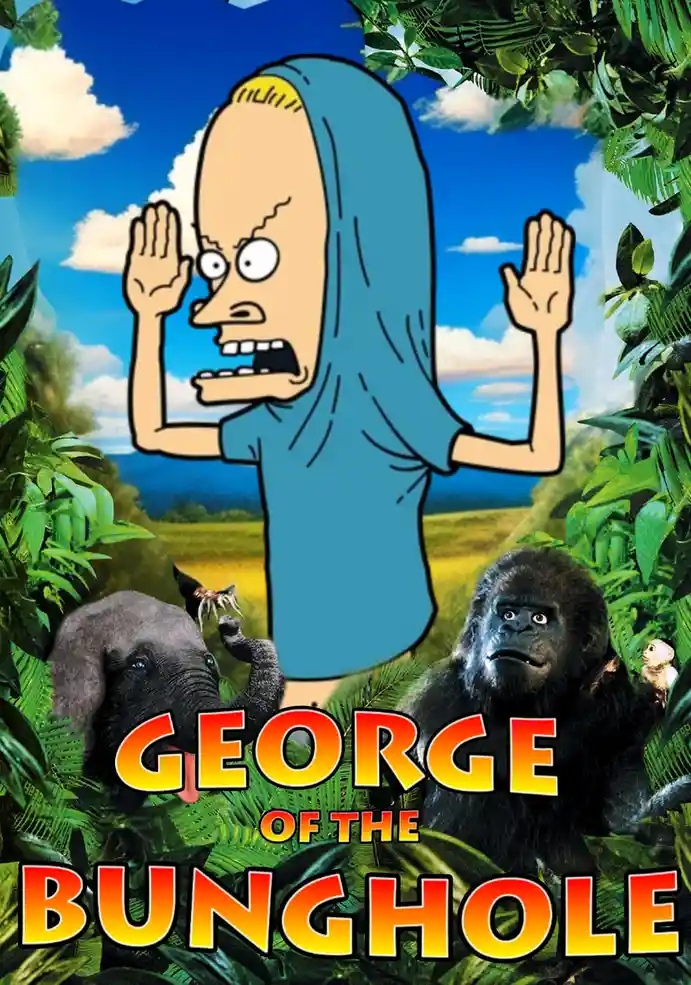 A cartoon character with a blue hood and wide eyes, hands raised in alarm, is superimposed on a jungle scene with an…