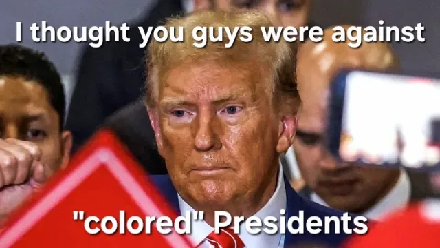 A close-up image of Donald Trump with a stern expression, overlaid with white text reading 'I thought you guys were against…