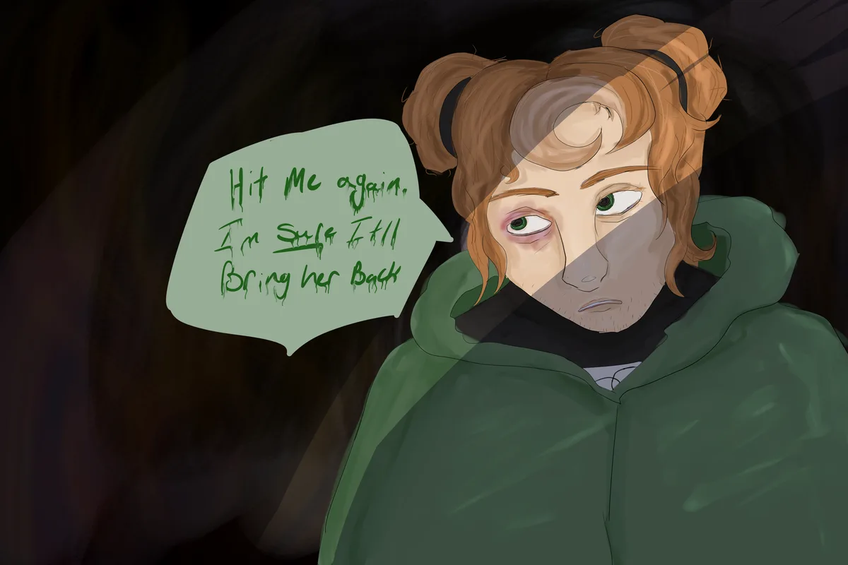An anime-style illustration shows a person with brown hair in two buns and green eyes, wearing a green hoodie, with a speech…