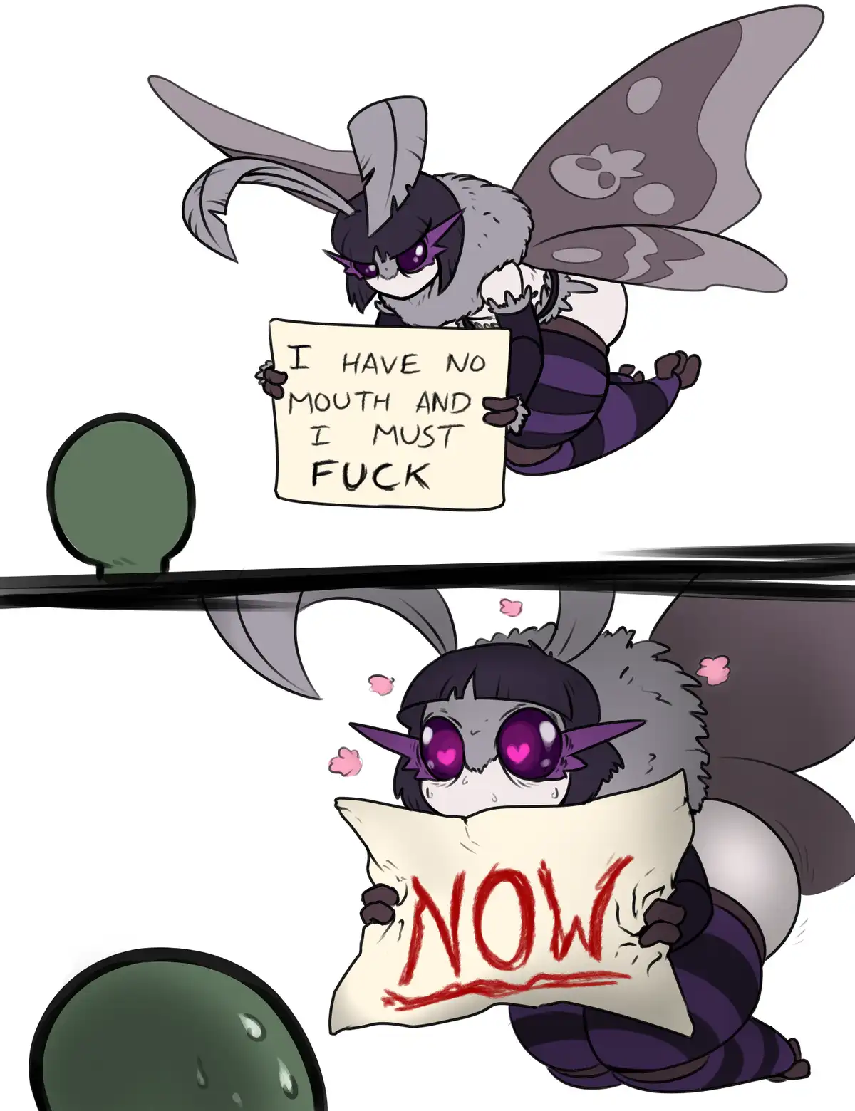 A chibi-style moth-like creature with purple eyes and striped body holds a sign reading 'I HAVE NO MOUTH AND I MUST FUCK' in…