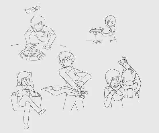 A hand-drawn comic strip with five panels showing a Starfleet officer in various situations: yelling 'DABO!' while leaning…