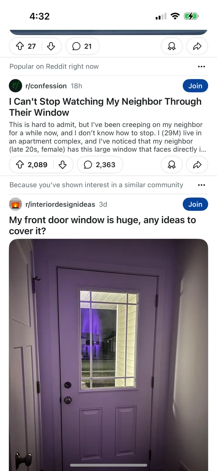 A screenshot of a Reddit post shows a purple-painted front door with a large glass window pane. Through the glass, a…