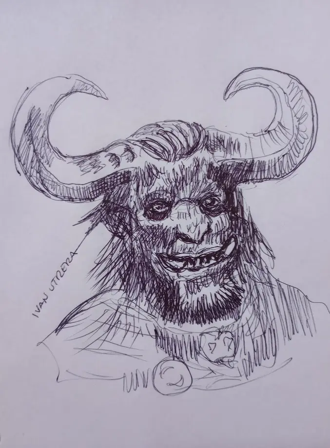 A black-and-white sketch of a horned, bearded, demonic-looking creature with a wide grin, wearing a tunic with a circular…