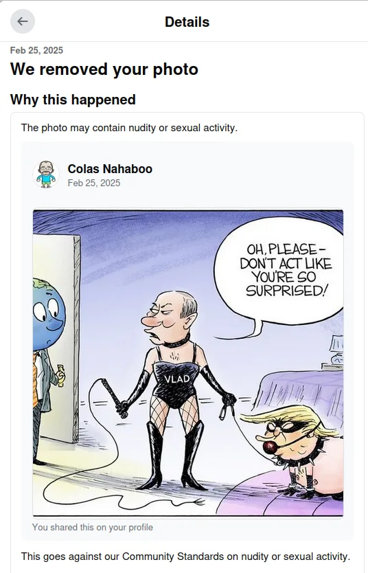 A cartoon depicts a caricature of Vladimir Putin, labeled 'VLAD', in a black dominatrix outfit holding a whip, standing over…
