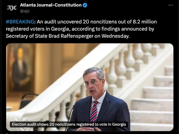 A screenshot of a tweet from the Atlanta Journal-Constitution shows Secretary of State Brad Raffensperger speaking at a…