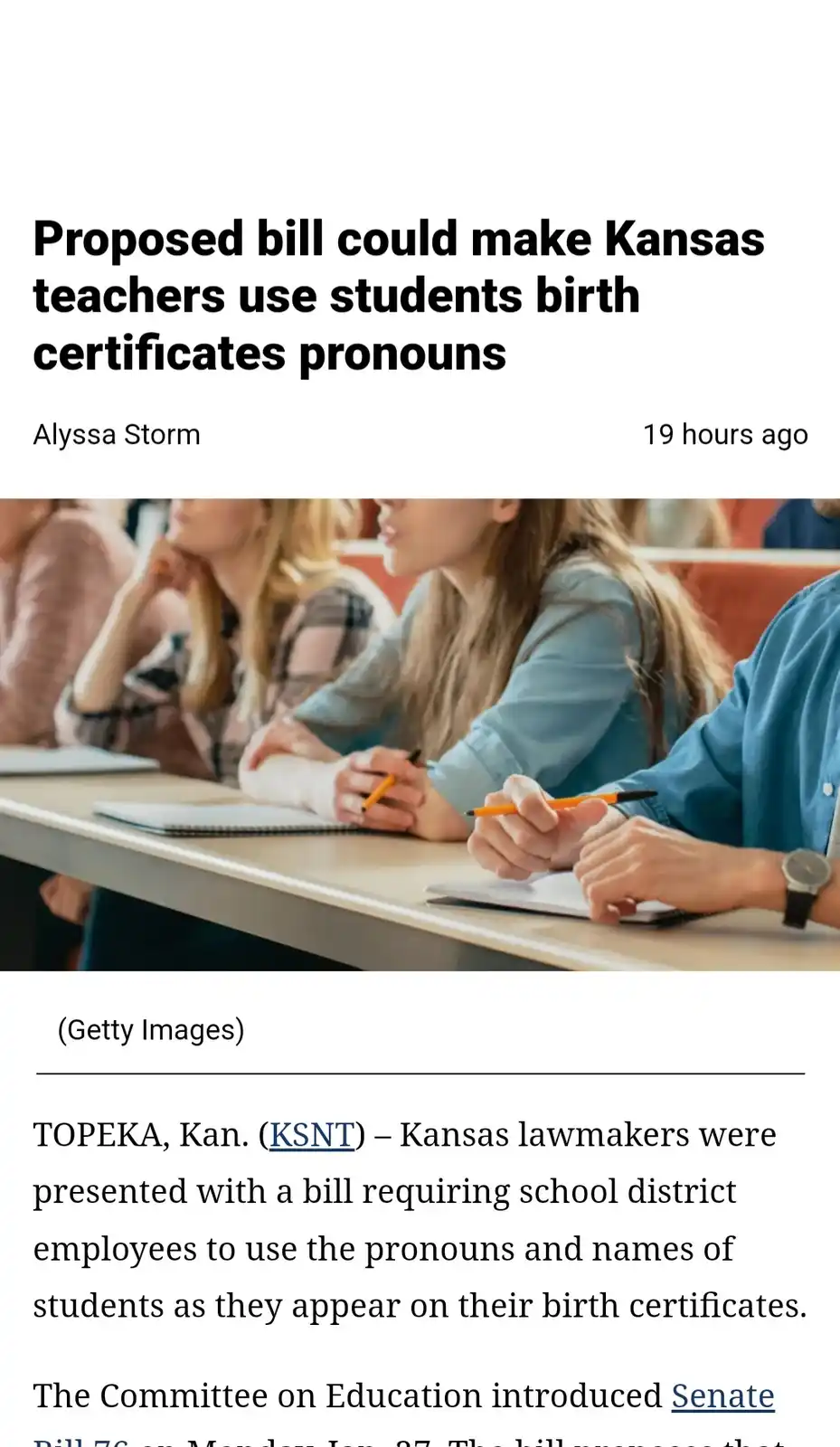 The image shows a news article headline about a proposed Kansas bill requiring teachers to use students' birth certificate…