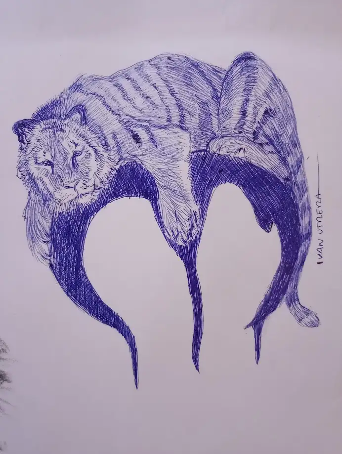 A blue ink drawing of a tiger whose body is contorted into the shape of a heart, with its head looking downcast. The…