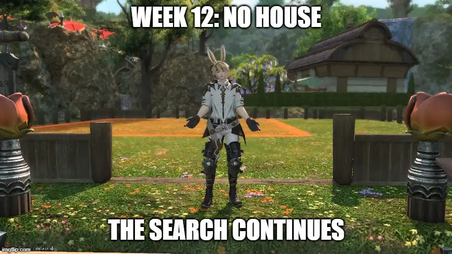A video game character with bunny ears stands in a grassy area with flowers, surrounded by wooden fences and decorative…