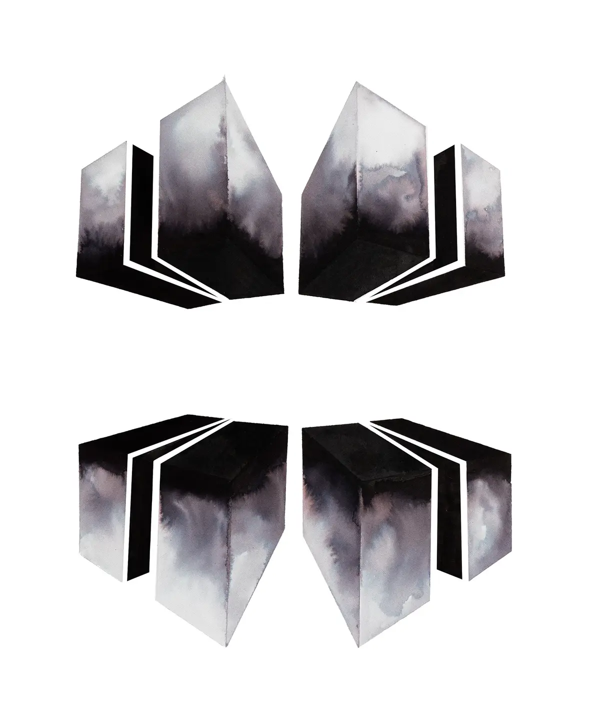 The image displays four abstract, geometric shapes arranged in two mirrored pairs, each composed of three stacked…