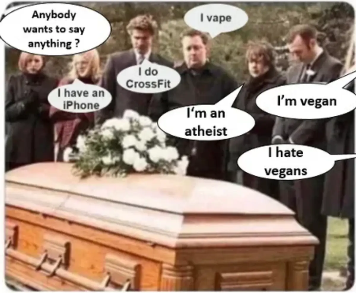 A group of people in dark clothing stand around a wooden coffin at a funeral, each with a speech bubble revealing a personal…