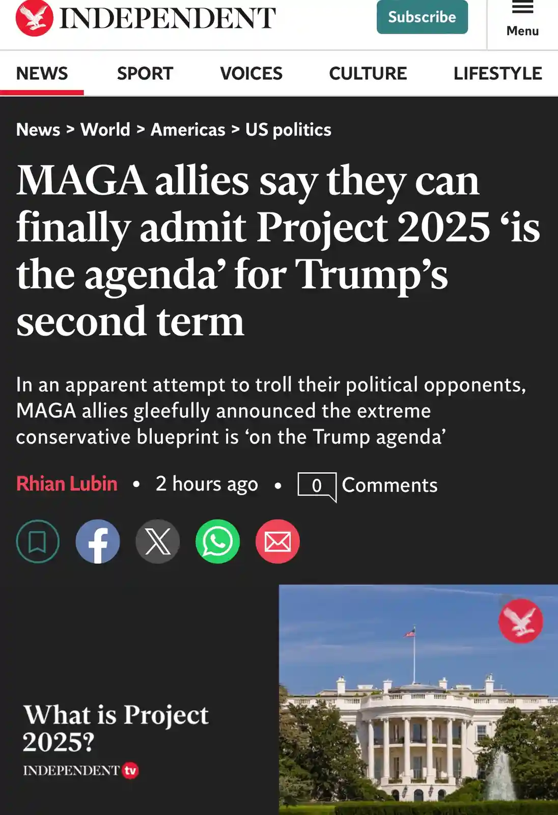 A screenshot of an Independent news article with the headline 'MAGA allies say they can finally admit Project 2025 'is the…