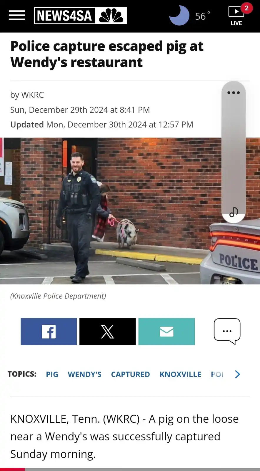 A screenshot of a news article from NEWS4SA shows a police officer and a child walking a pig on a leash outside a Wendy's…