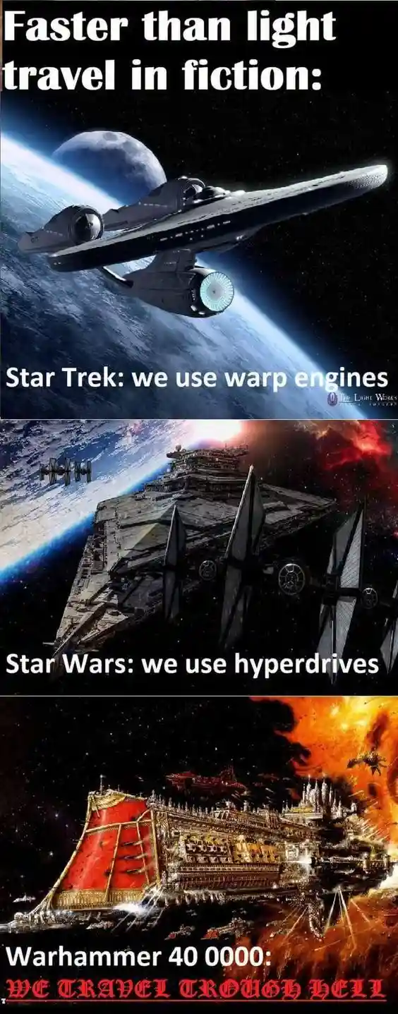 The image is a three-panel meme comparing fictional faster-than-light travel. The top panel shows a Star Trek ship orbiting…