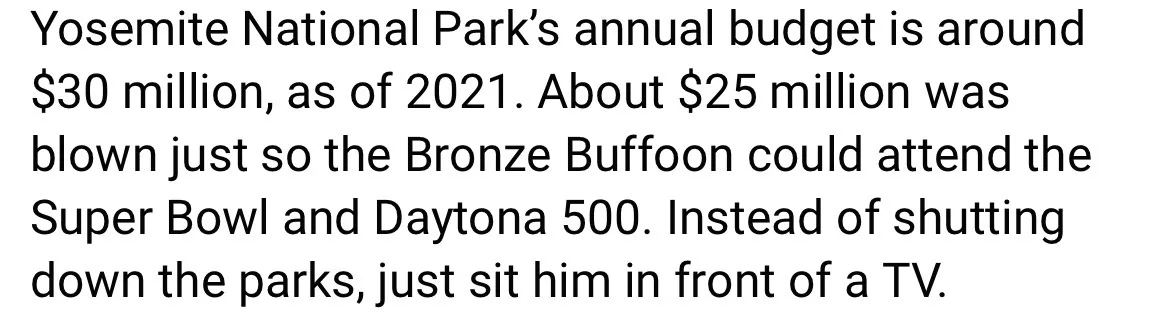 The image displays a plain white background with black text that reads: 'Yosemite National Park's annual budget is around…