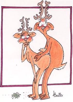 A hand-drawn cartoon depicts two orange deer standing close together. The deer in the foreground has a weary, exasperated…