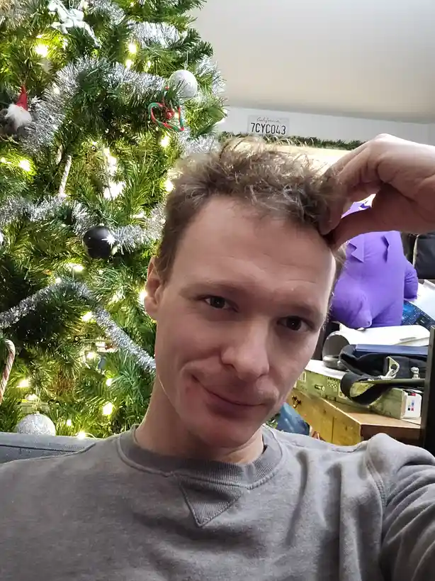 A man in a gray sweatshirt takes a selfie in front of a decorated Christmas tree with lights, tinsel, and ornaments. He is…