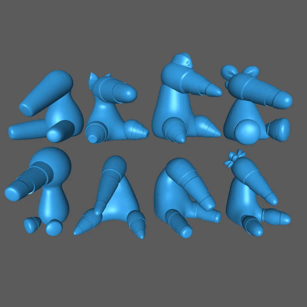 Eight blue, stylized, blocky toy figures are arranged in two rows against a gray background. Each figure has a distinct pose…
