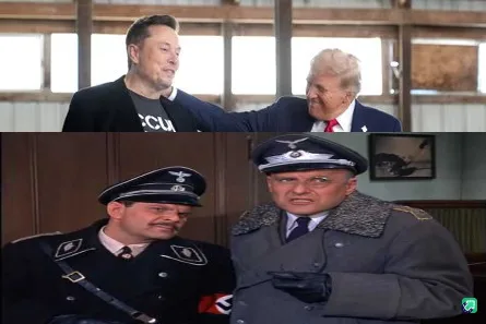 The image is a two-panel meme. The top panel shows Elon Musk and Donald Trump embracing. The bottom panel shows two men in…