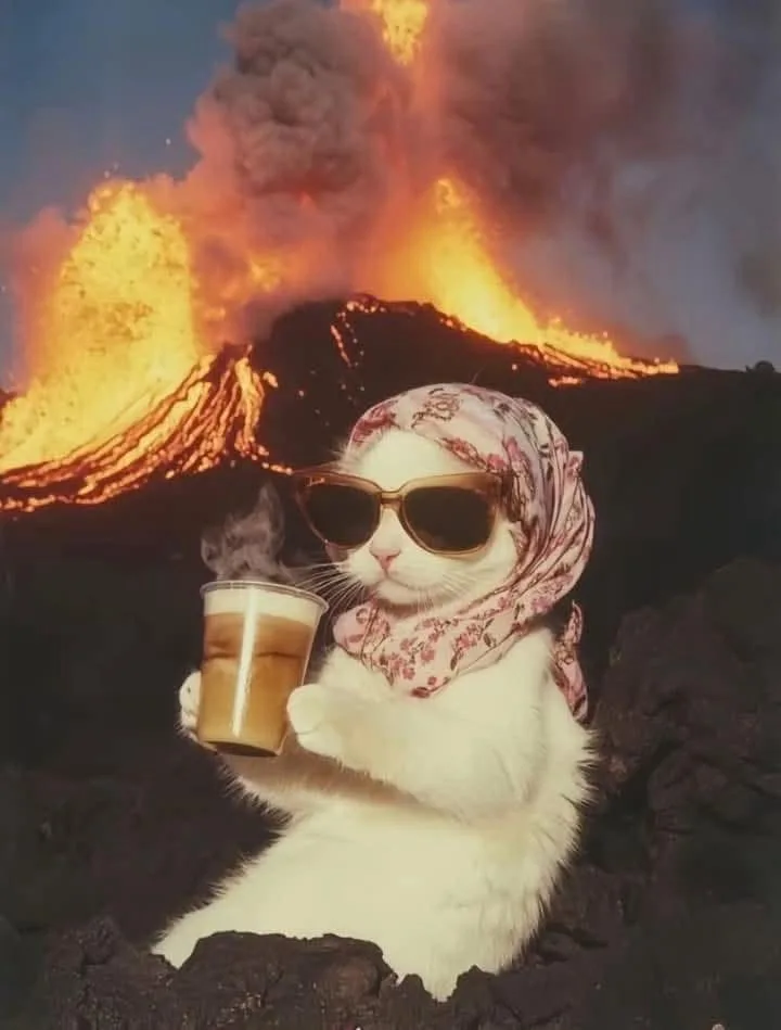 A white cat wearing sunglasses and a floral headscarf sits calmly on dark volcanic rock, holding a steaming cup of coffee…