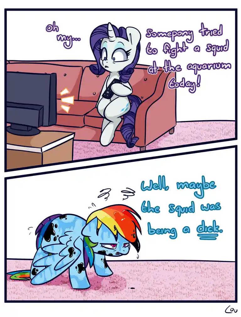 A two-panel comic featuring My Little Pony characters. In the top panel, Rarity sits on a couch holding a remote, reacting…
